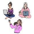 Collection female students, female characters working or studying with laptop online, modern youth